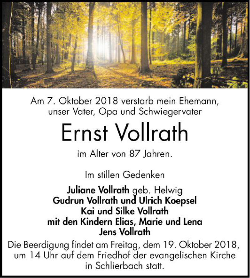  Traueranzeige für Ernst Vollrath vom 13.10.2018 aus Bergsträßer Anzeiger
