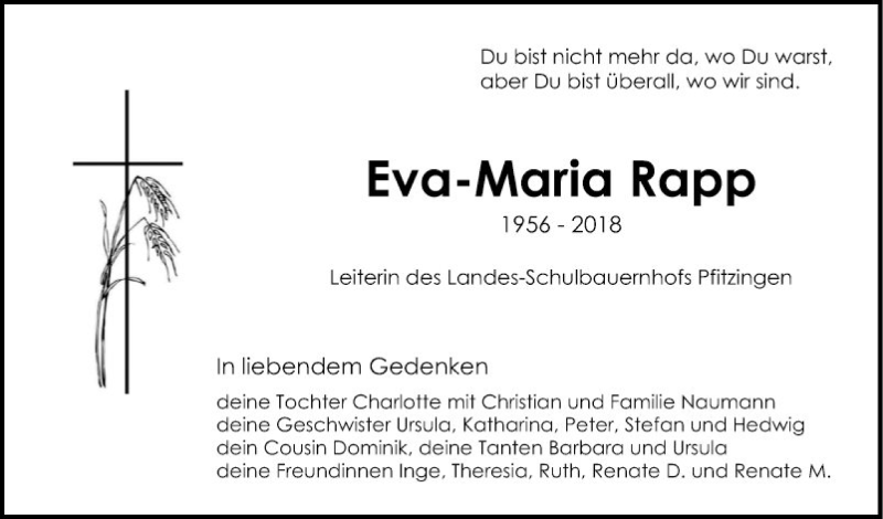  Traueranzeige für Eva-Maria Rapp vom 01.12.2018 aus Fränkische Nachrichten