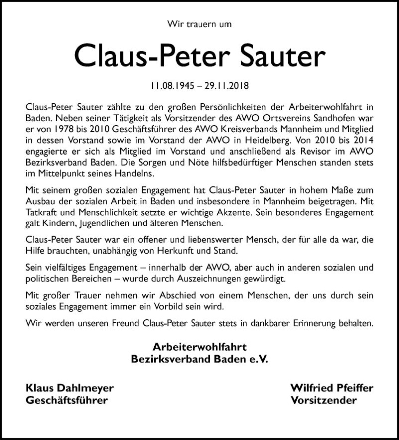  Traueranzeige für Claus-Peter Sauter vom 05.12.2018 aus Mannheimer Morgen