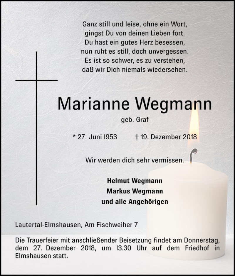  Traueranzeige für Marianne Wegmann vom 22.12.2018 aus Bergsträßer Anzeiger