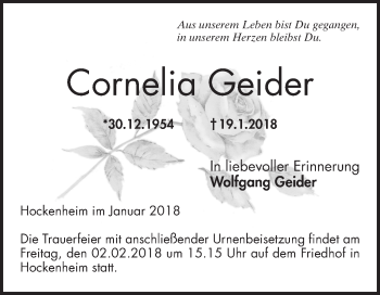 Traueranzeige von Cornelia Geider von Mannheimer Morgen / Schwetzinger Zeitung