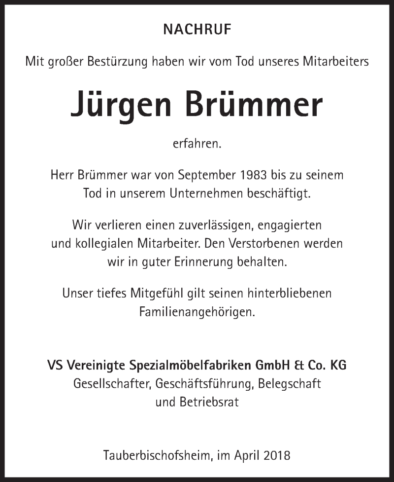  Traueranzeige für Jürgen Brümmer vom 11.04.2018 aus Fränkische Nachrichten