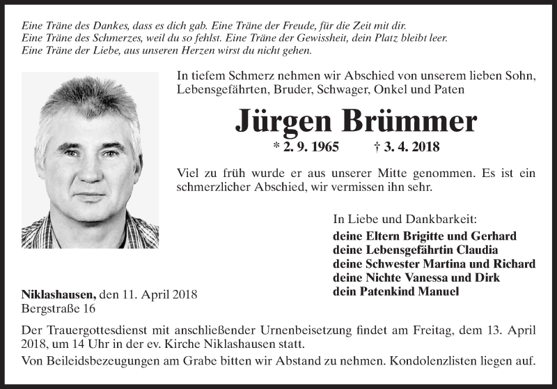  Traueranzeige für Jürgen Brümmer vom 11.04.2018 aus Fränkische Nachrichten