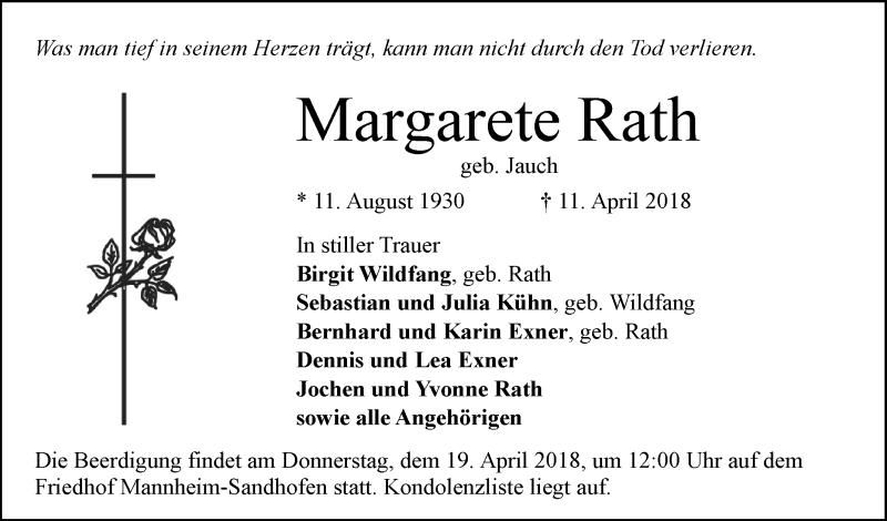  Traueranzeige für Margarete Rath vom 14.04.2018 aus Mannheimer Morgen