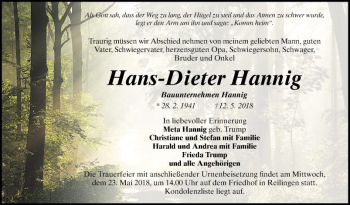 Traueranzeige von Hans-Dieter Hannig von Schwetzinger Zeitung