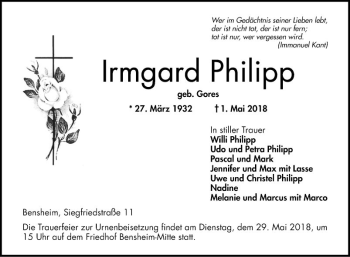 Traueranzeige von Irmgard Philipp von Bergsträßer Anzeiger