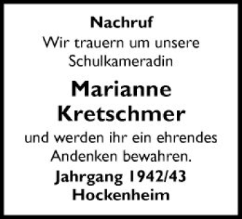 Traueranzeige von Marianne Kretschmer von Schwetzinger Zeitung
