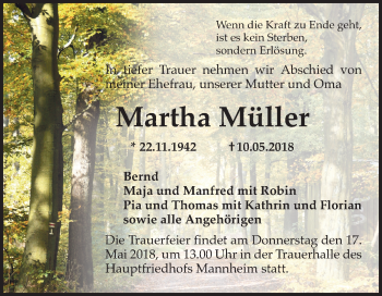 Traueranzeige von Martha Müller von Mannheimer Morgen