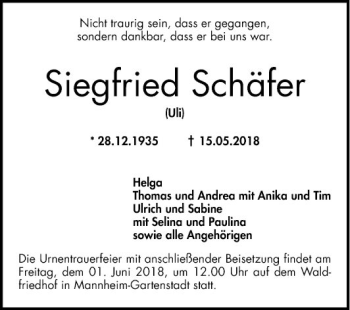 Traueranzeige von Siegfried Schäfer von Mannheimer Morgen