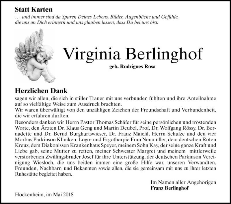  Traueranzeige für Virginia Berlinghof vom 19.05.2018 aus Schwetzinger Zeitung