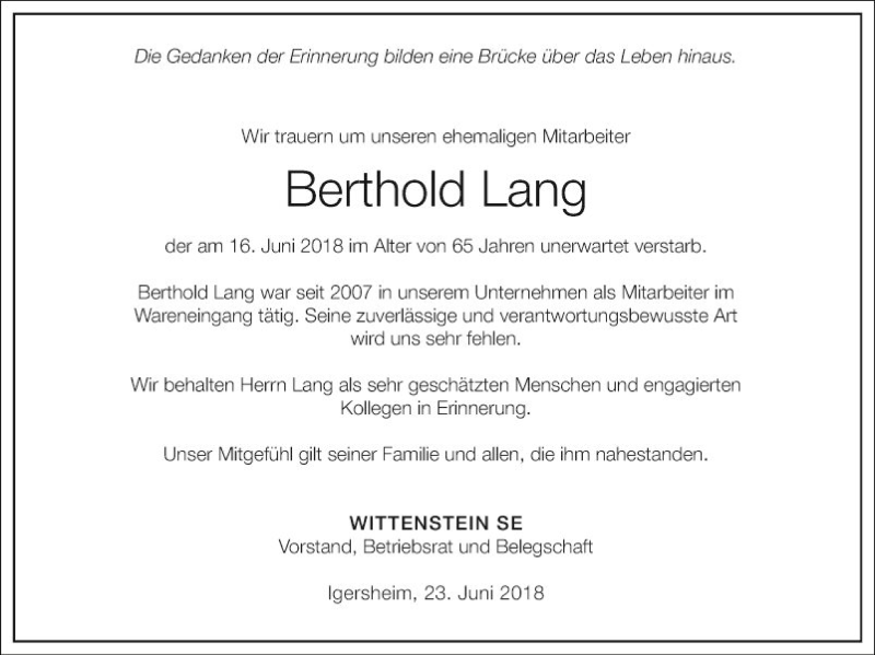  Traueranzeige für Berthold Lang vom 23.06.2018 aus Fränkische Nachrichten