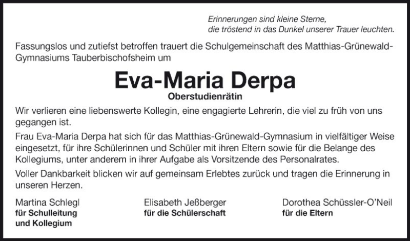  Traueranzeige für Eva-Maria Derpa vom 07.06.2018 aus Fränkische Nachrichten