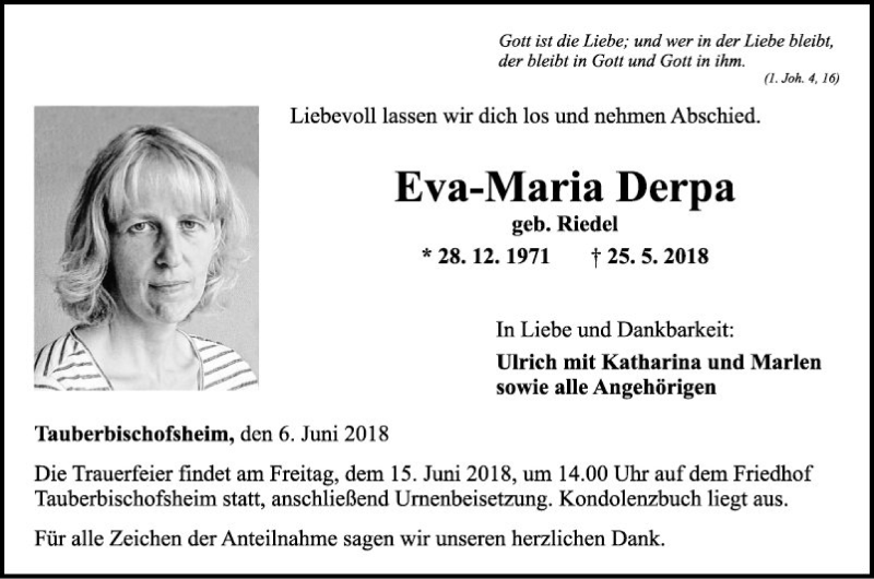  Traueranzeige für Eva-Maria Derpa vom 06.06.2018 aus Fränkische Nachrichten