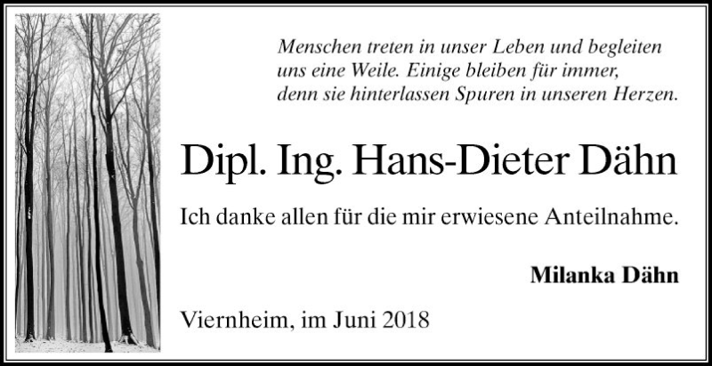  Traueranzeige für Hans-Dieter Dähn vom 09.06.2018 aus Südhessen Morgen