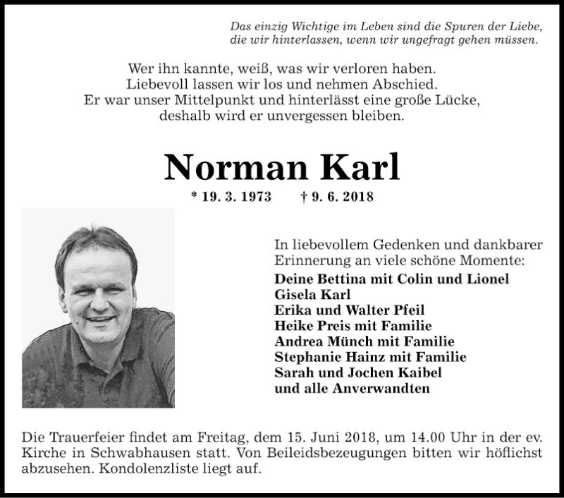  Traueranzeige für Norman Karl vom 13.06.2018 aus Fränkische Nachrichten