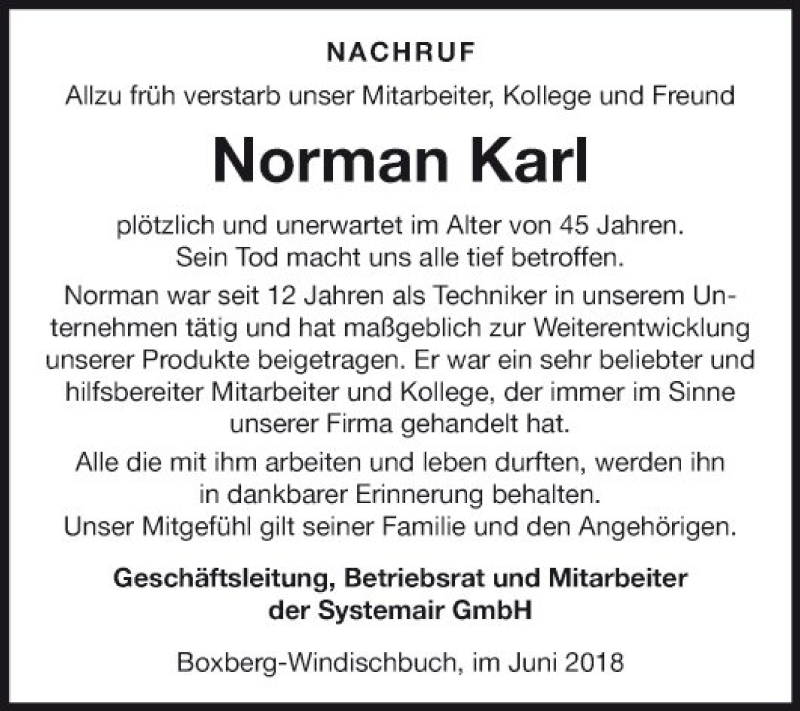  Traueranzeige für Norman Karl vom 14.06.2018 aus Fränkische Nachrichten