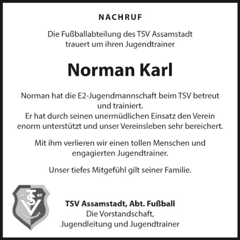 Traueranzeige für Norman Karl vom 15.06.2018 aus Fränkische Nachrichten