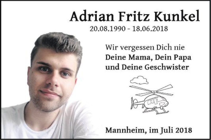  Traueranzeige für Adrian Fritz Kunkel vom 12.07.2018 aus Mannheimer Morgen