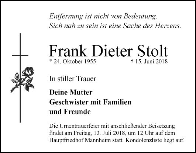  Traueranzeige für Frank Dieter Stolt vom 07.07.2018 aus Mannheimer Morgen
