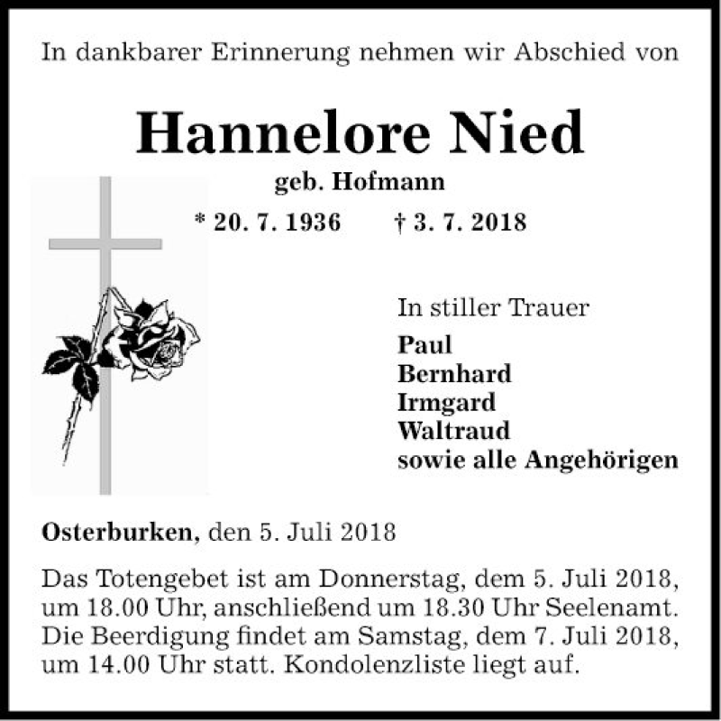  Traueranzeige für Hannelore Nied vom 05.07.2018 aus Fränkische Nachrichten