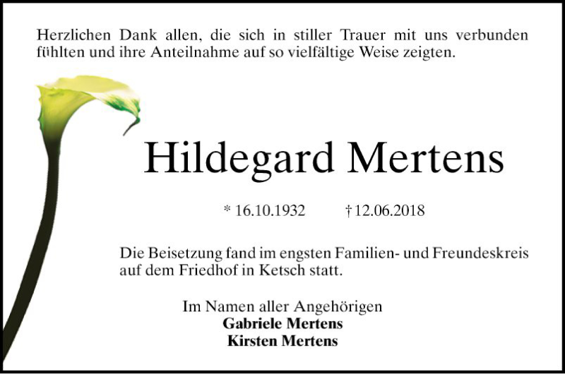  Traueranzeige für Hildegard Mertens vom 07.07.2018 aus Schwetzinger Zeitung