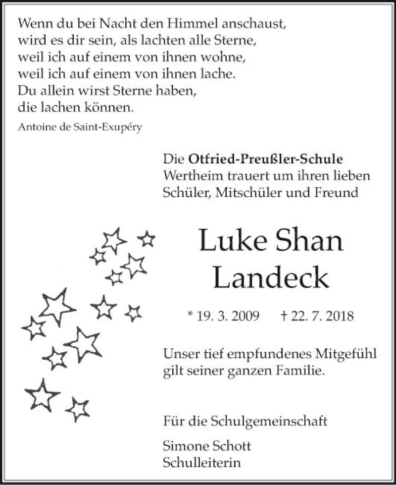  Traueranzeige für Luke Shan Landeck vom 25.07.2018 aus Fränkische Nachrichten