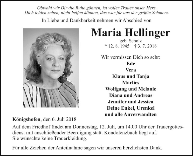  Traueranzeige für Maria Hellinger vom 06.07.2018 aus Fränkische Nachrichten