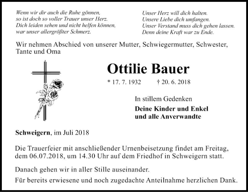  Traueranzeige für Ottilie Bauer vom 05.07.2018 aus Fränkische Nachrichten