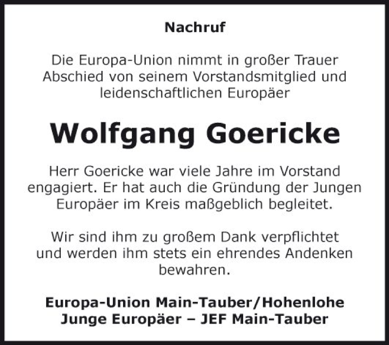  Traueranzeige für Wolfgang Goericke vom 19.07.2018 aus Fränkische Nachrichten