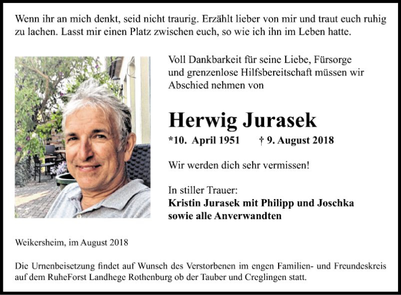  Traueranzeige für Herwig Jurasek vom 14.08.2018 aus Fränkische Nachrichten
