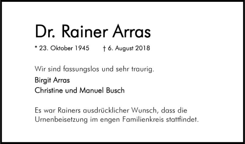  Traueranzeige für Rainer Arras vom 10.08.2018 aus Bergsträßer Anzeiger