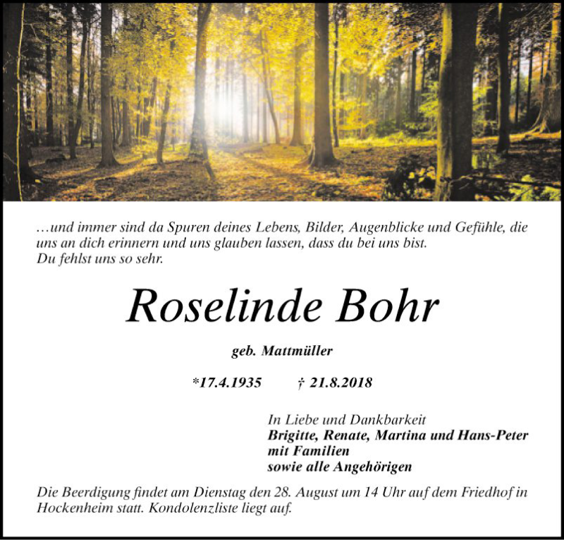  Traueranzeige für Roselinde Bohr vom 25.08.2018 aus Schwetzinger Zeitung