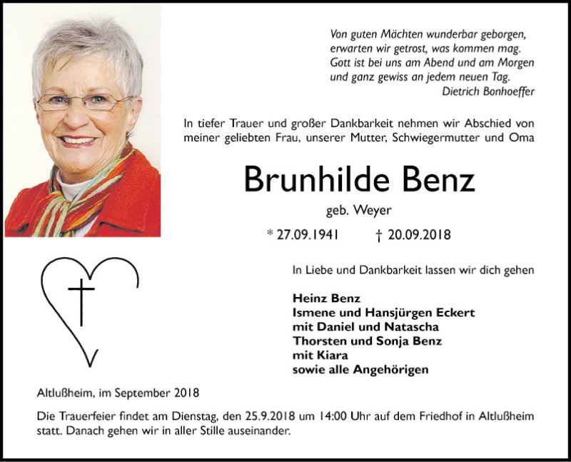  Traueranzeige für Brunhilde Benz vom 22.09.2018 aus Schwetzinger Zeitung