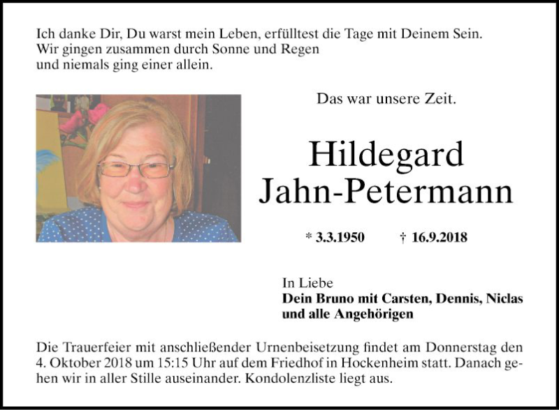  Traueranzeige für Hildegard Jahn-Petermann vom 21.09.2018 aus Schwetzinger Zeitung