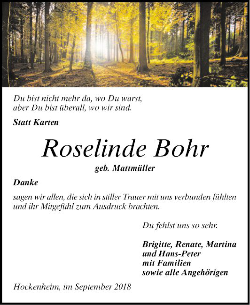  Traueranzeige für Roselinde Bohr vom 14.09.2018 aus Schwetzinger Zeitung