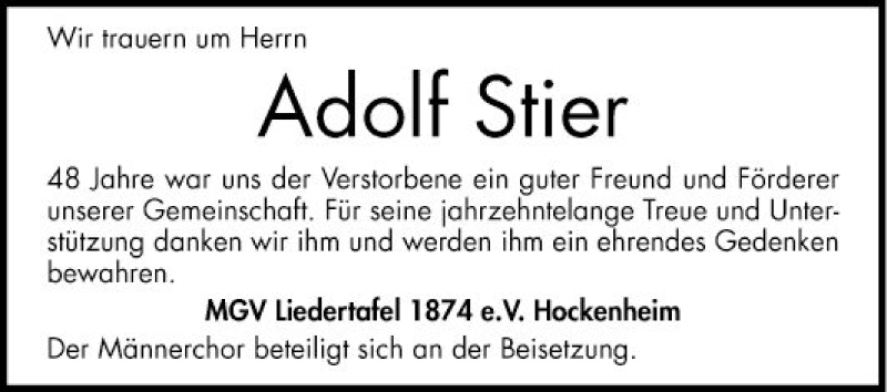  Traueranzeige für Adolf Stier vom 11.01.2019 aus Schwetzinger Zeitung