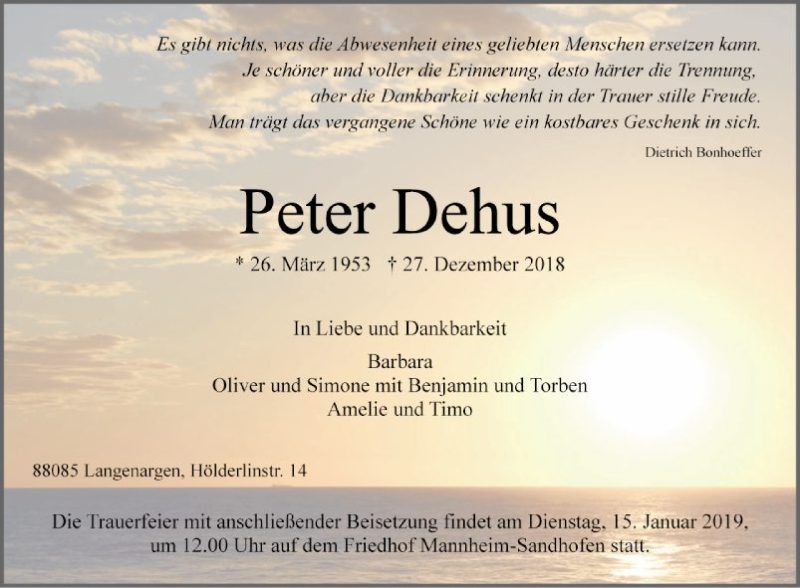  Traueranzeige für Peter Dehus vom 05.01.2019 aus Mannheimer Morgen