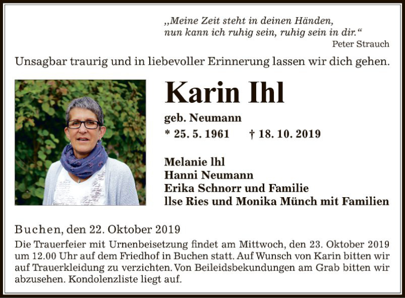  Traueranzeige für Karin Ihl vom 22.10.2019 aus Fränkische Nachrichten