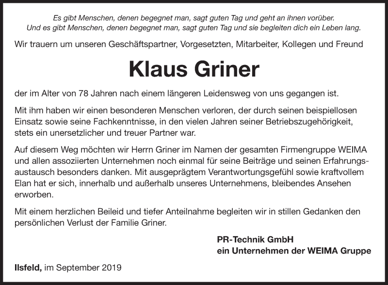  Traueranzeige für Klaus Griner vom 21.09.2019 aus Fränkische Nachrichten