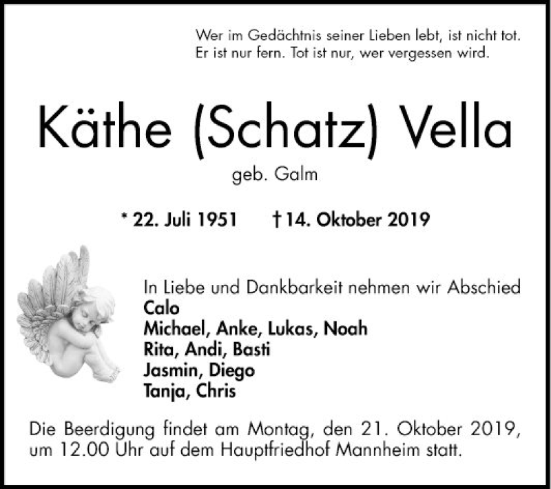  Traueranzeige für Käthe Vella vom 18.10.2019 aus Mannheimer Morgen