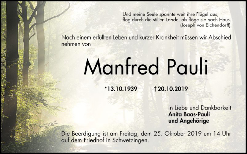  Traueranzeige für Manfred Pauli vom 22.10.2019 aus Schwetzinger Zeitung