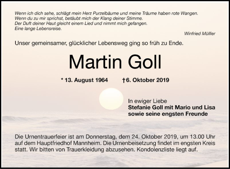  Traueranzeige für Martin Goll vom 19.10.2019 aus Mannheimer Morgen