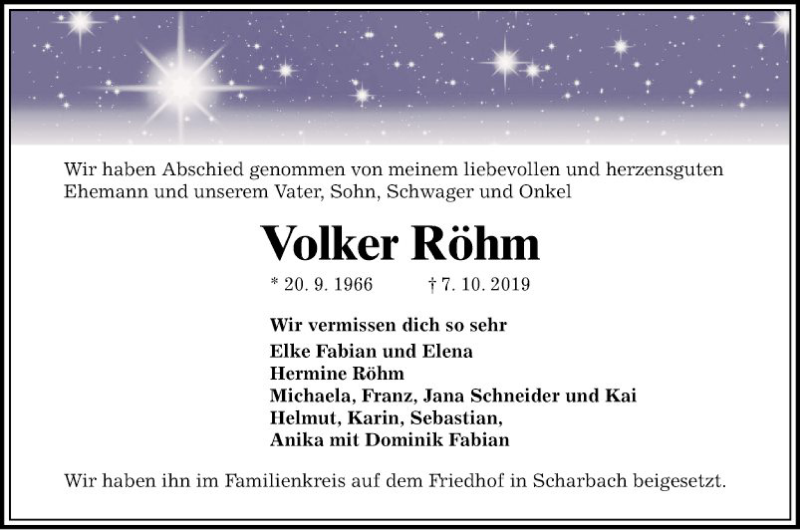  Traueranzeige für Volker Röhm vom 22.10.2019 aus Bergsträßer Anzeiger