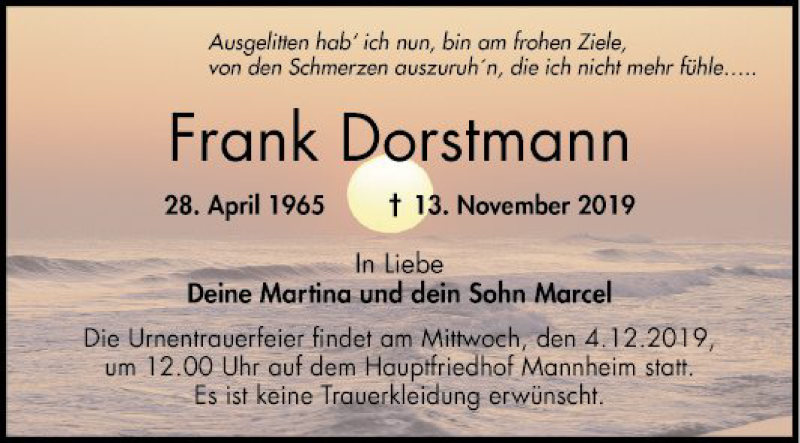  Traueranzeige für Frank Dorstmann vom 23.11.2019 aus Mannheimer Morgen