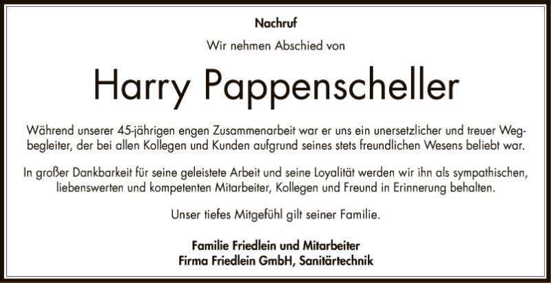  Traueranzeige für Harry Pappenscheller vom 21.11.2019 aus Fränkische Nachrichten