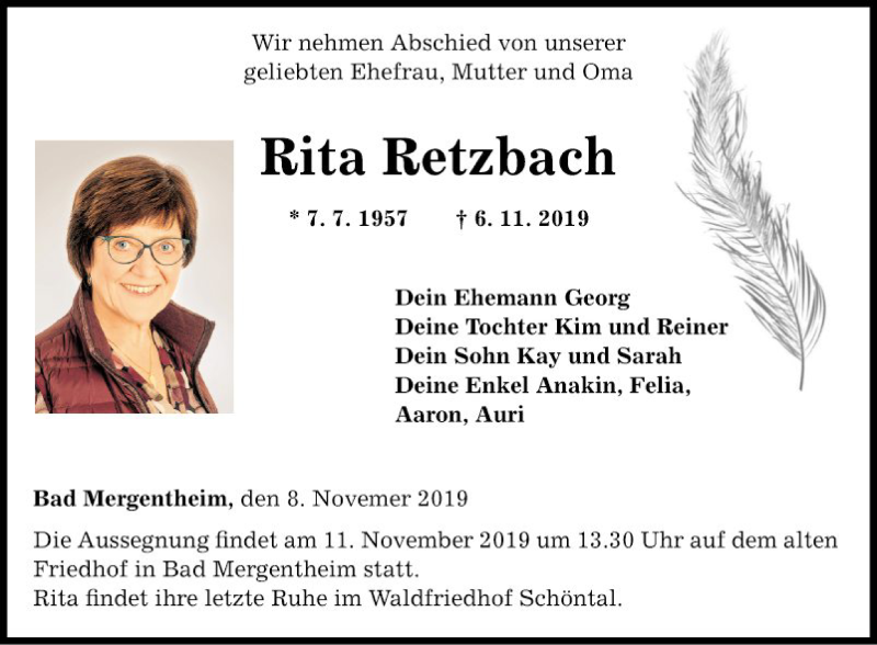  Traueranzeige für Rita Retzbach vom 08.11.2019 aus Fränkische Nachrichten