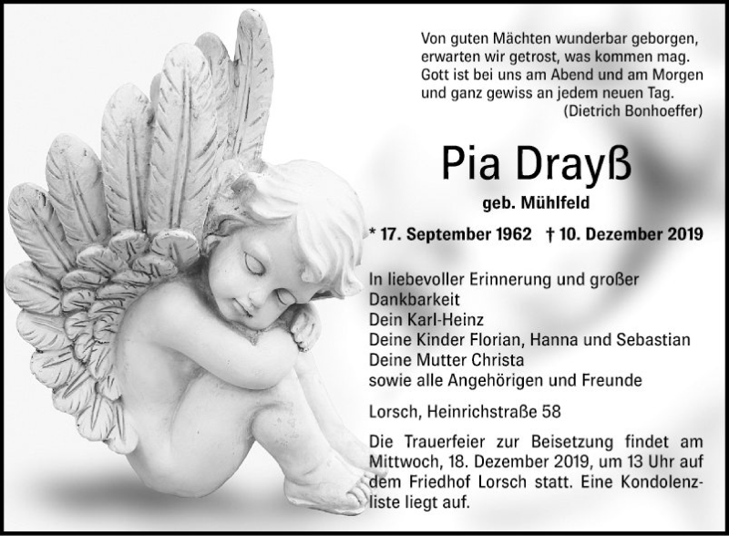  Traueranzeige für Pia Drayß vom 14.12.2019 aus Bergsträßer Anzeiger