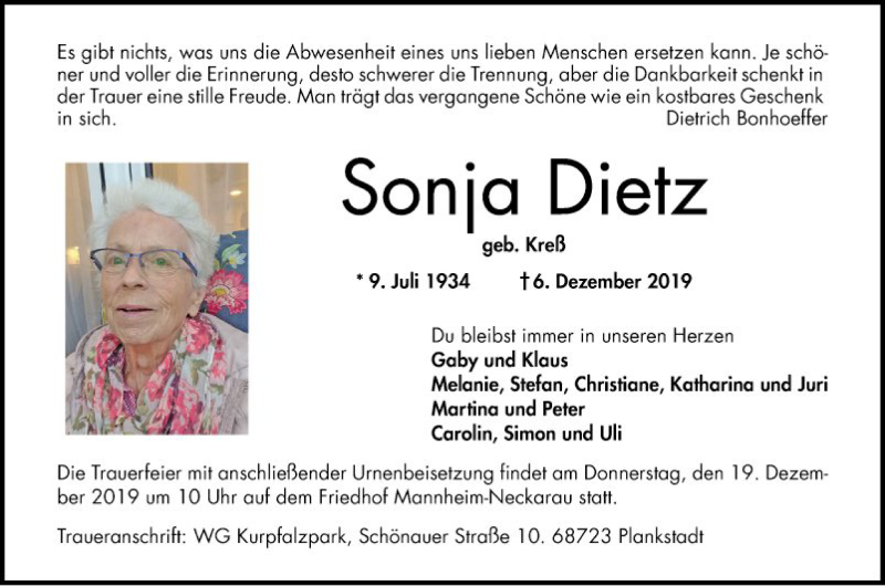  Traueranzeige für Sonja Dietz vom 14.12.2019 aus Mannheimer Morgen