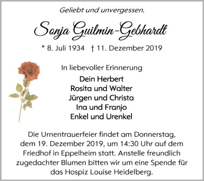 Traueranzeige für Sonja Guilmin-Gebhardt vom 14.12.2019 aus Mannheimer Morgen