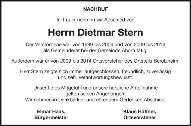  Traueranzeige für Dietmar Stern vom 20.02.2019 aus Fränkische Nachrichten